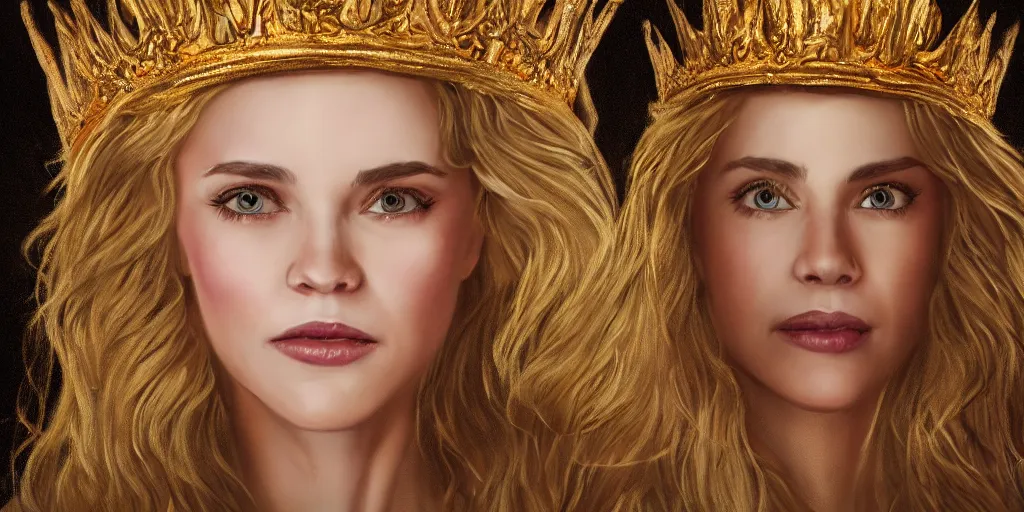 Image similar to realistic portrait of the future queen with golden crowns and pretty eyes, ultra realistic, 8k