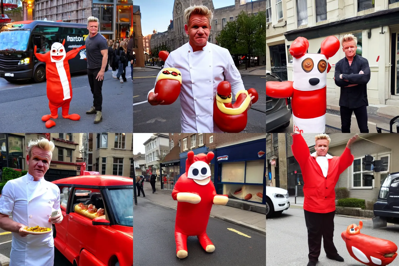 Prompt: gordon ramsay in a hotdog costume, handing out flyers in the street