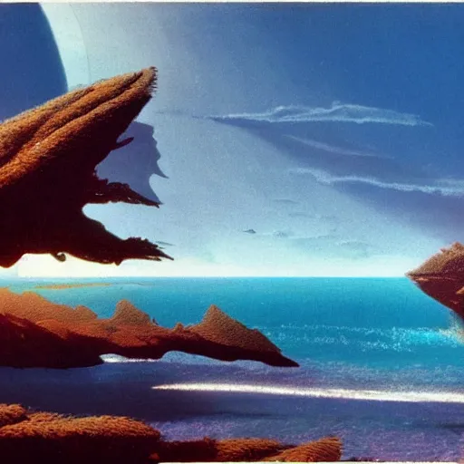 Image similar to beautiful matte painting of golden shores of a blue dreamy ocean, sci - fi, daylight, blue sky, cinematic lighting, cinematic perspective, syd mead, john harris, federico pelat