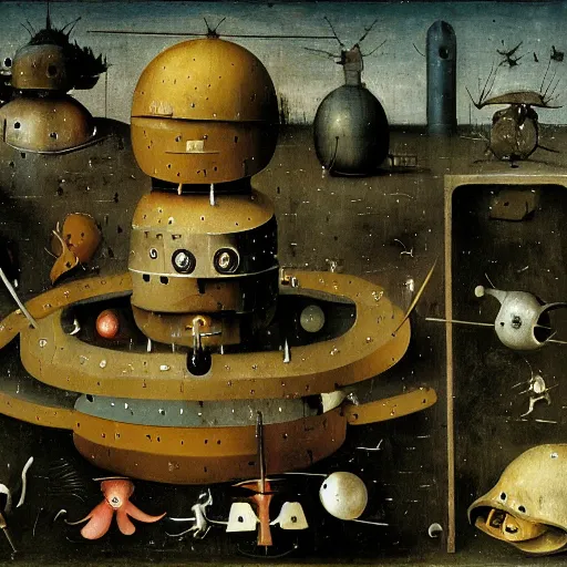 Image similar to robotic dreams of the world beyond, painted by hieronymus bosch