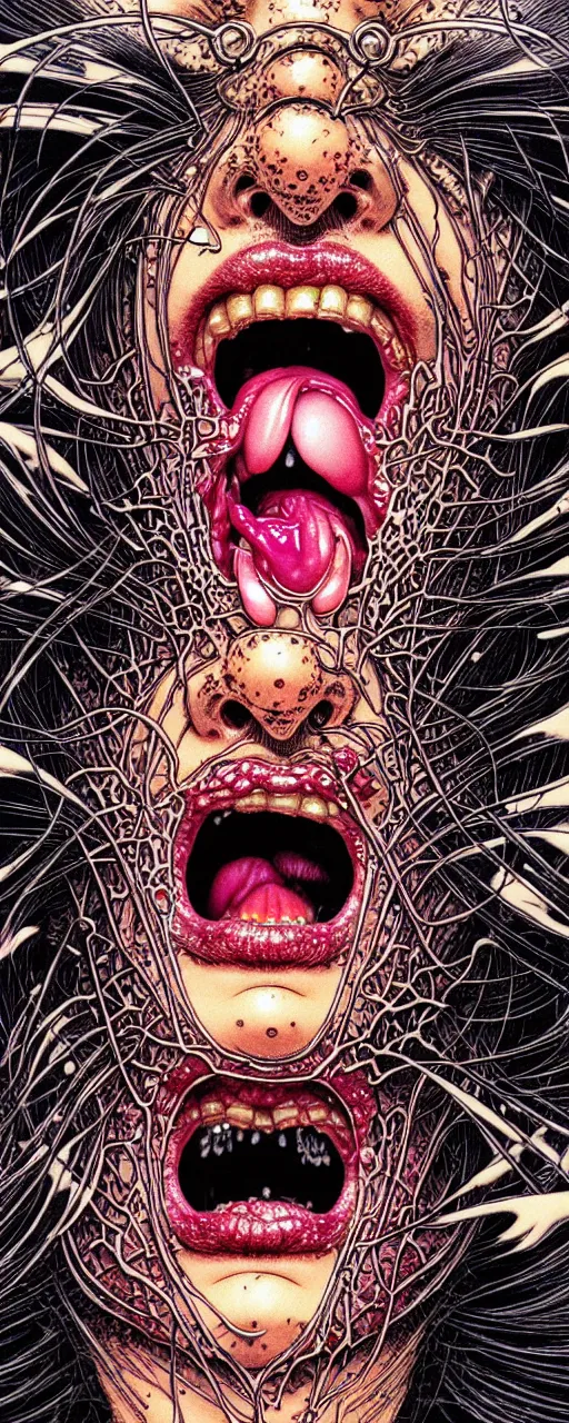 Image similar to closeup of face melting in agony with tongue, inside a frame on a tiled wall, frontal picture, by yoichi hatakenaka, masamune shirow, josan gonzales and dan mumford, ayami kojima, takato yamamoto, karol bak