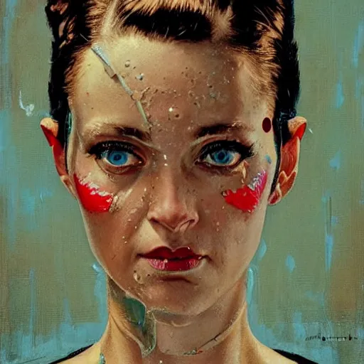 Image similar to portrait of a female android painted by Norman Rockwell and Sandra Chevrier