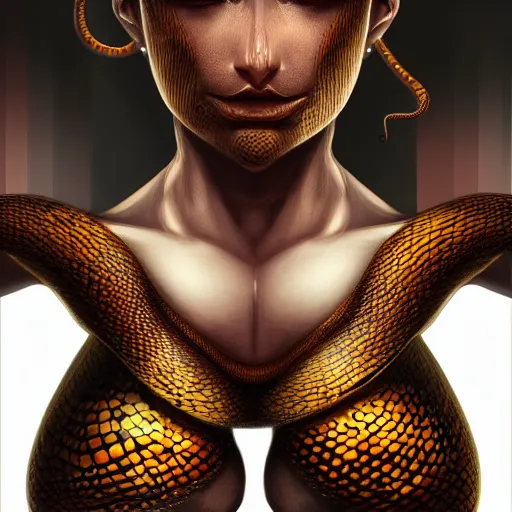 Image similar to snake human hybrid, chest up human lower half snake, black scales, bright amber eyes, chest covered in scales, scales on her chest, formless brests, flat chest, smileing nright, cinematographic shot, artstation, haahn trinh, naga