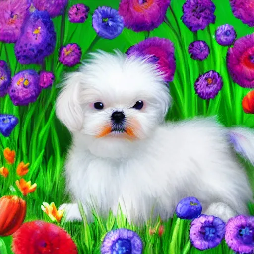 Image similar to cute fluffy maltese puppy sitting in a field of spring flowers detailed painting 4 k