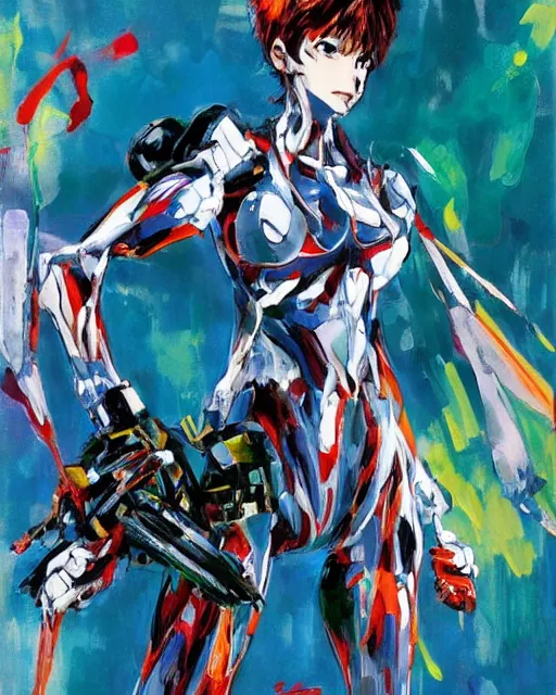 Prompt: evangelion unit 0 1 portrait, by ashley wood, yoji shinkawa, jamie hewlett, 6 0's french movie poster, french impressionism, vivid colors, palette knife and brush strokes