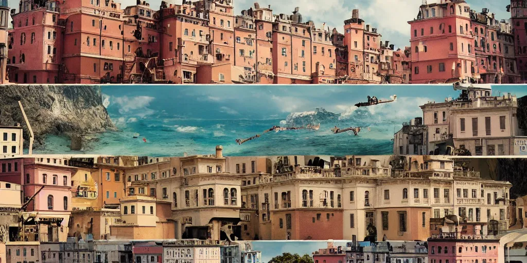 Image similar to a very high resolution image from a new movie, upside - down and criss - cross stairs, beautiful scenery, photorealistic, photography, directed by wes anderson