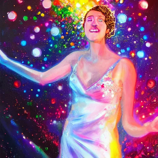 Image similar to a an ultra happy bridesmaid, majestic, disco balls, 8k resolution vivid painting trending on artstation Pill my face, still life A supersonic highway of light that allows you to drive