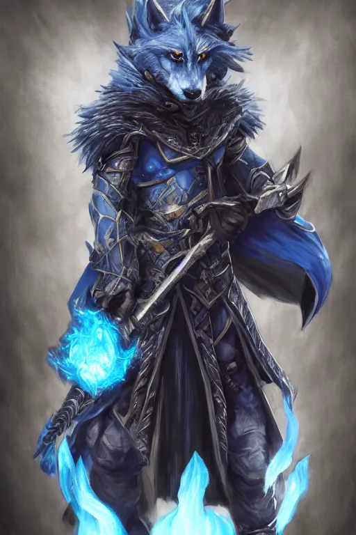 Image similar to anthropomorphic Azure wolf knight, DnD character art portrait, fantasy battleground, raining, blue flame, oil painting, heroic pose, magic the gathering artwork, D&D, fantasy, cinematic lighting, centered, symmetrical, highly detailed, digital painting, artstation, concept art, chromatic aberration, post processing, smooth, sharp focus, illustration, volumetric lighting, epic Composition, 8k, art, DeviantArt, trending on Artstation, Jason Felix, Steve Argyle, Tyler Jacobson, Peter Mohrbacher, Akihiko Yoshida, Greg Rutkowski, Craig Mullins, Frank Frazetta, cinematic lighting