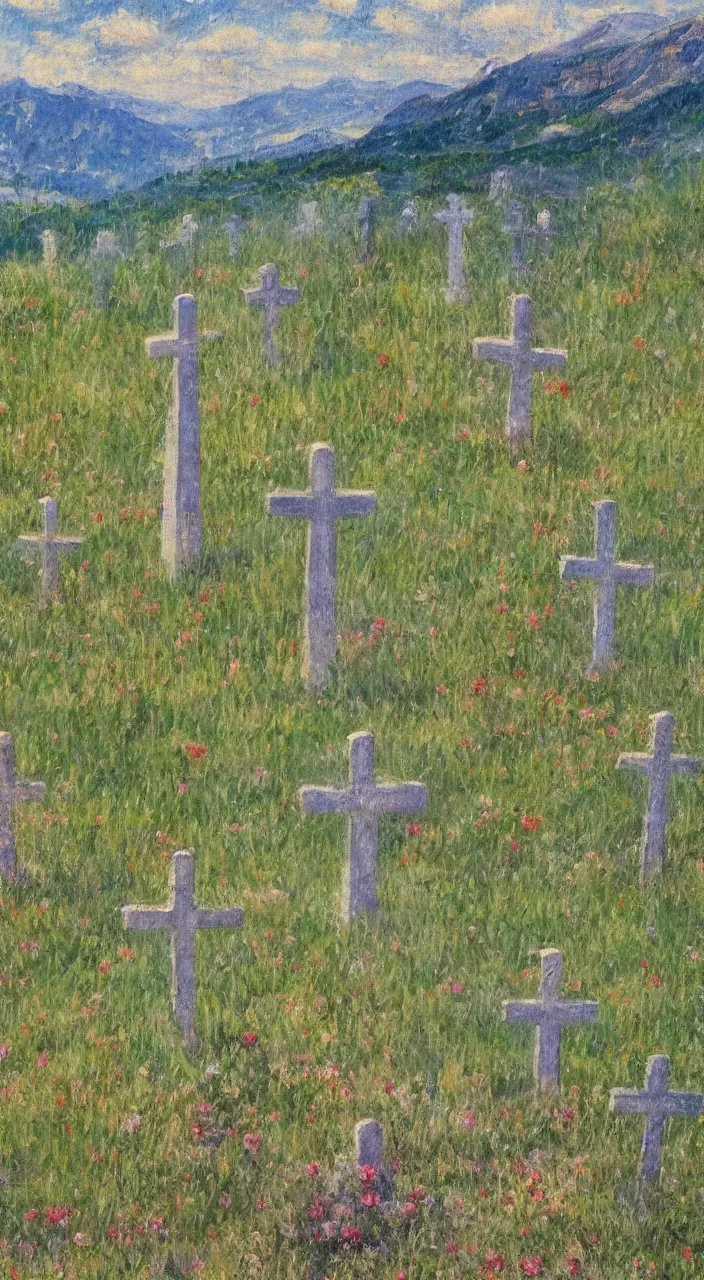 Image similar to highly detailed impressionist painting of sword marking grave on mountain top