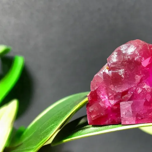 Prompt: a polished cut ruby gemstone growing from a plant