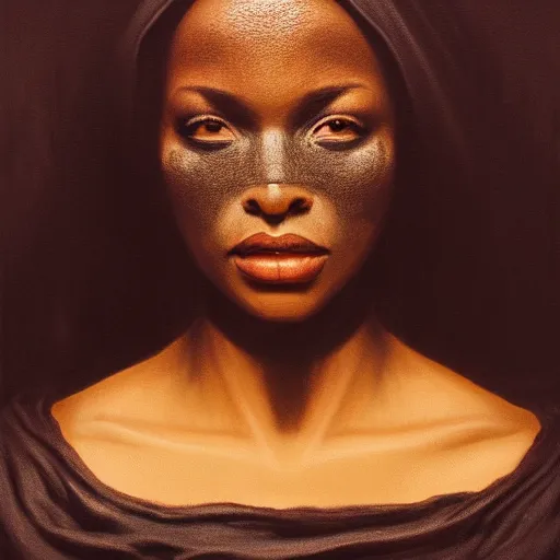Image similar to a portrait of a young black woman wearing a long dark cloak, hood and shadows covering face, anatomically correct, beautiful perfect face, enigmatic, oil painting, matte painting, black background, Volumetric Golden dappled dynamic lighting, Highly Detailed, Cinematic Lighting, Unreal Engine, 8k, HD, by Beksinski