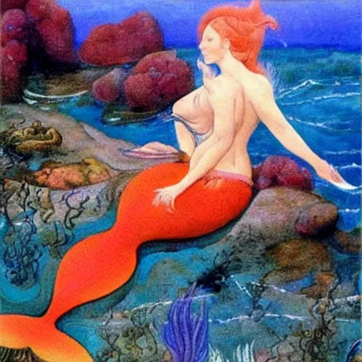 Prompt: A beautiful painting of a mermaid swimming in the ocean. Her long, flowing hair streams behind her as she gracefully navigates the water. A coral reef and colorful fish can be seen in the background. coral, YouTube by Hans Bellmer