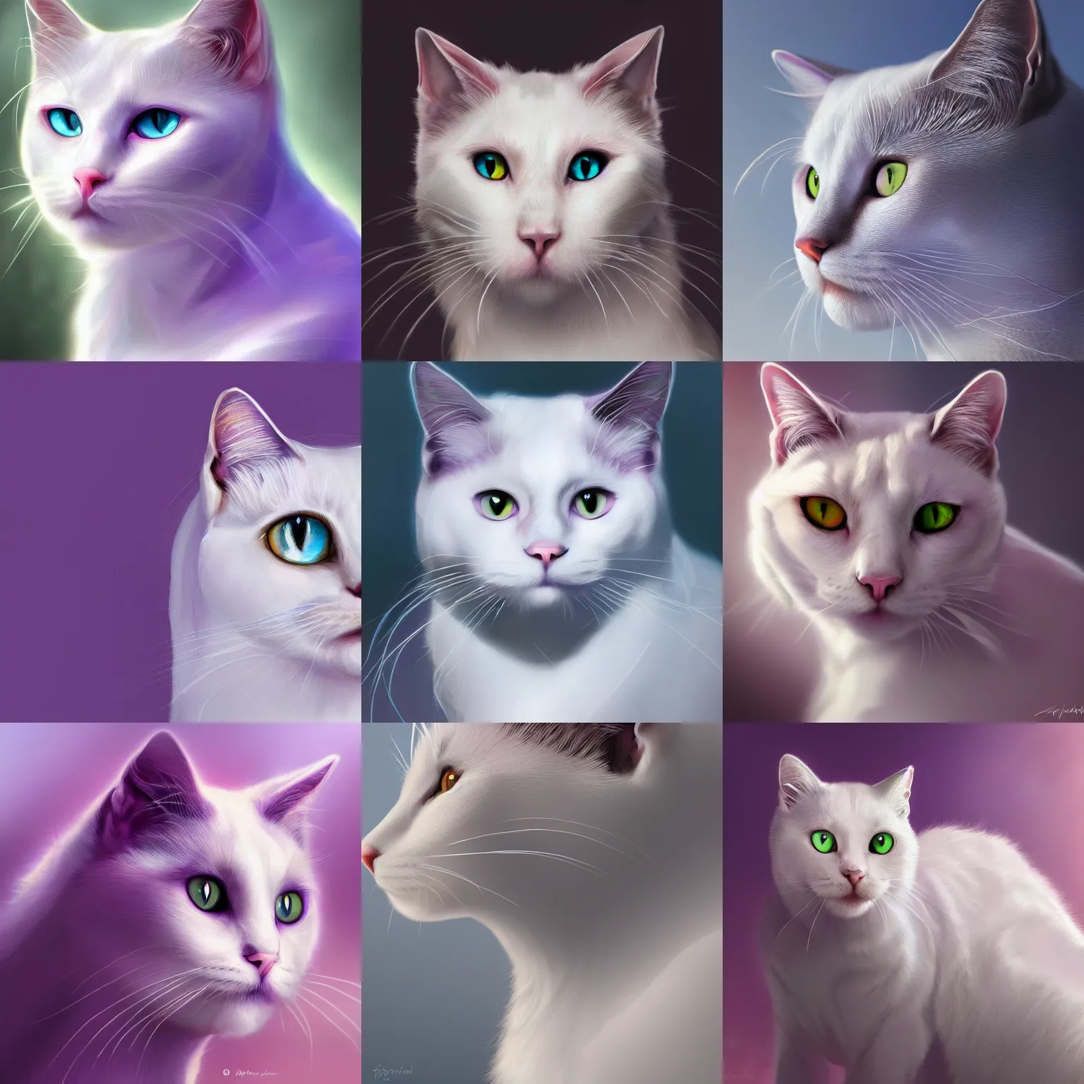 Prompt: portrait of a white cat with purple eyes. closeup, profile, intense. lighting, bloom. fantasy, digital painting, hd, 4 k, detailed.