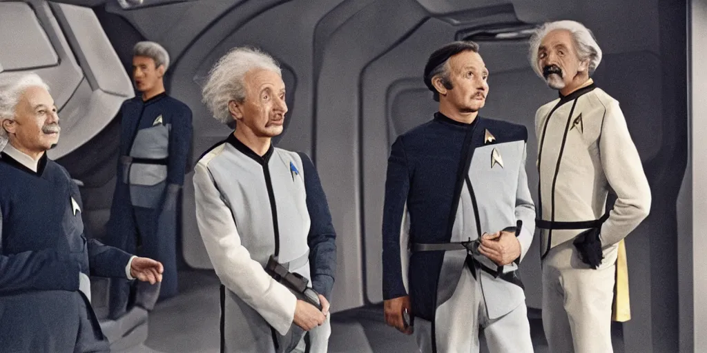 Prompt: Young Eintsein and Old Einstein in starfleet uniforms from the next Star Trek movie