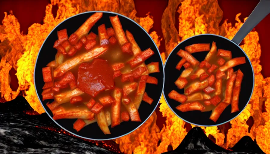 Image similar to poutine ( the canadian meal ) from mount doom, volcano texture, lava texture, fire texture, 8 k, octande render, unreal engine 5, surface blemishes, hdr