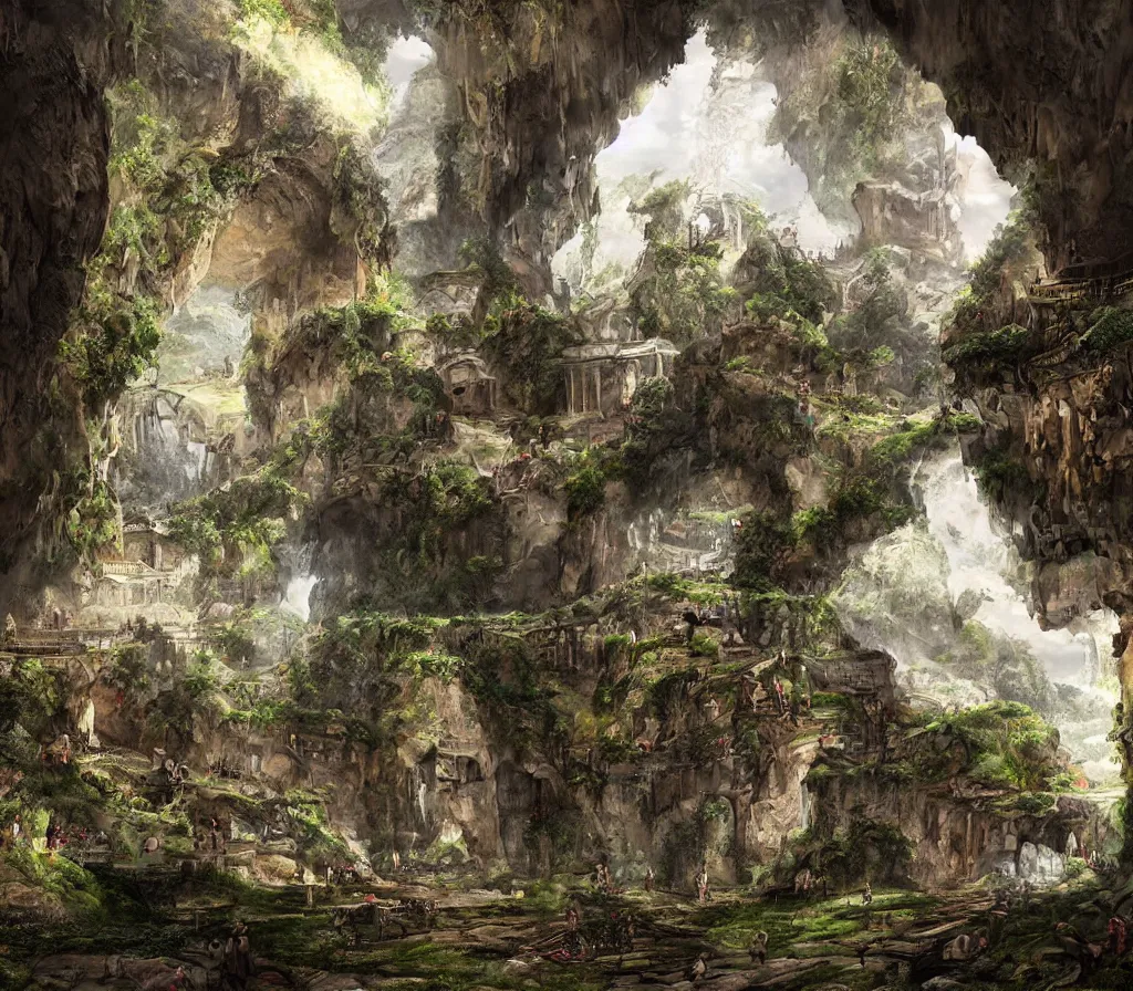 Image similar to the city of Rome but underground in an impossibly large cave,lush nature,fantasy art,realistic,high quality,detailed