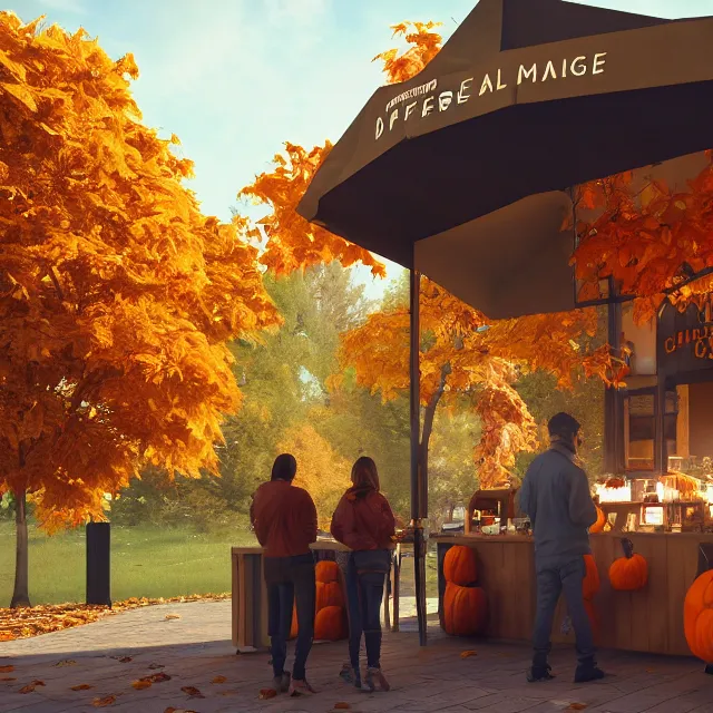 Image similar to pumpkin headed people ordering coffee at a coffee stand, maple trees with fall foliage, volumetric, realistic, cinematic lighting, ray tracing, unreal engine 5, octane render, hyper realistic, photo, 8 k