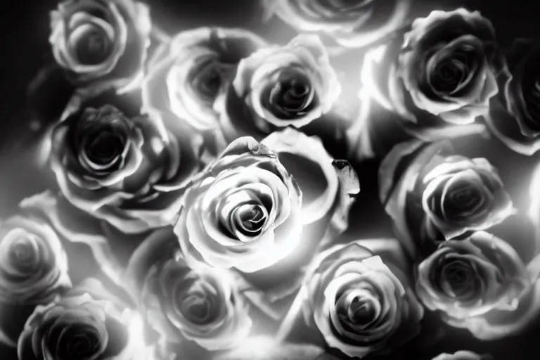 Prompt: still photo of roses buring in flames, black and white color aesthetic, highly detailed, photorealistic portrait, bright studio setting, studio lighting, crisp quality and light reflections, unreal engine 5 quality render