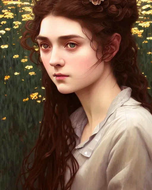 Image similar to portrait of a welsh teenage girl with brown hair, dark brown eyes, glowing skin, delicate features, quiet beauty, amelie poulain, fantasy, intricate, elegant, floral, dress shirt, highly detailed, digital painting, artstation, concept art, smooth, sharp focus, illustration, art by Krenz Cushart and Artem Demura and alphonse mucha