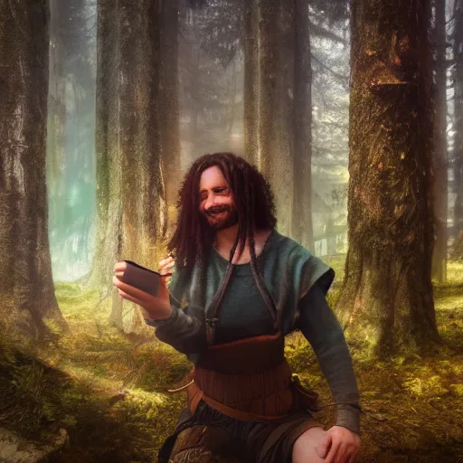 Image similar to human druid in the woods taking a selfie smiling, beautiful light, mountains, nature, animals, nature magic, fantasy book, d & d, high detail, 8 k, octane render painting, dark fantasy