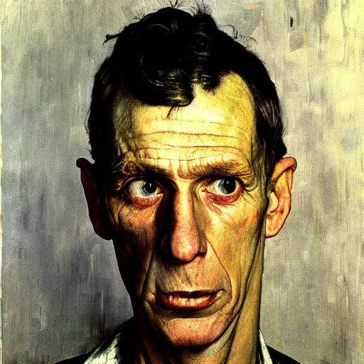 Prompt: high quality high detail painting by norman rockwell and lucian freud, hd, portrait of a dangerous psychopath, intense demonic look in the eyes, photorealistic lighting