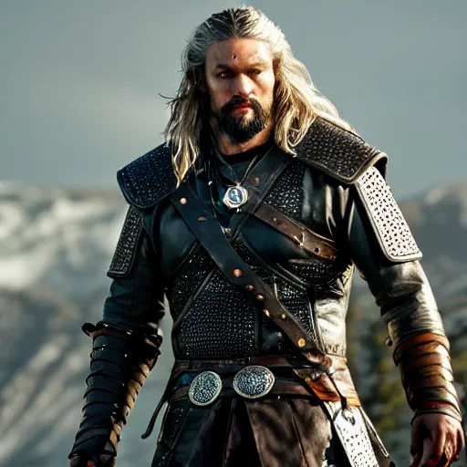 Image similar to Jason Momoa as Geralt of Rivia, from Witcher (2021), medium shot, high-quality photo,