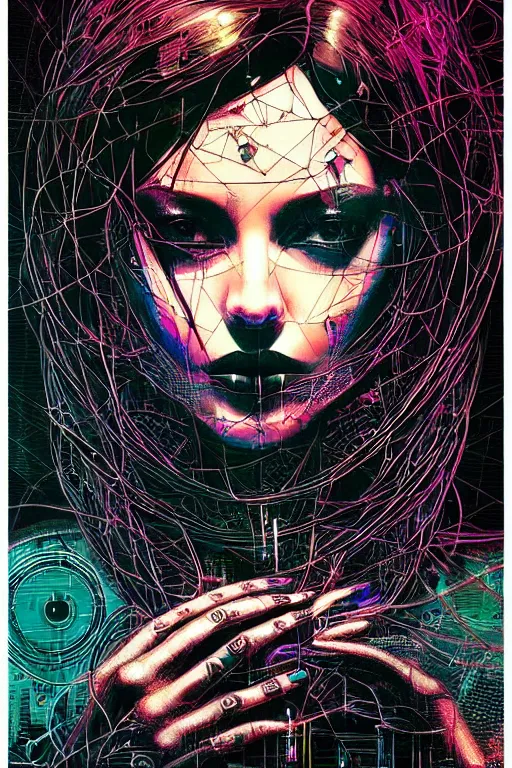 Prompt: dreamy cyberpunk girl, abstract black leather, digital nodes, beautiful woman, detailed acrylic, grunge, intricate complexity, by dan mumford and by alberto giacometti, peter lindbergh