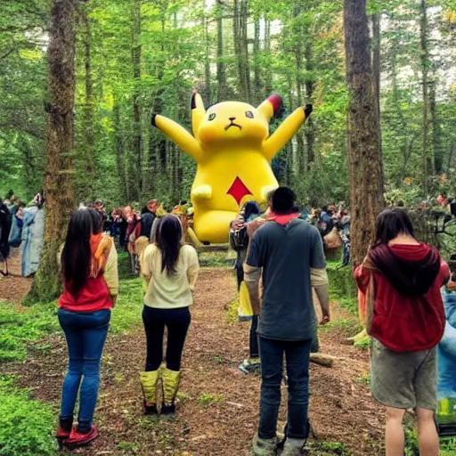 Image similar to photograph of a group of people worshipping a giant pikachu in a forest