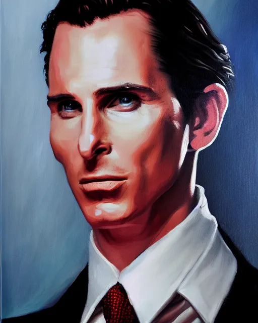 Image similar to oil painting portrait of patrick bateman christian bale american psycho, cinematic lighting, high production value, intricate details, high resolution, hdr, high definition, masterpiece, realistic, ultrarealistic, highly detailed, hd, sharp focus, non blurry, sharp, smooth