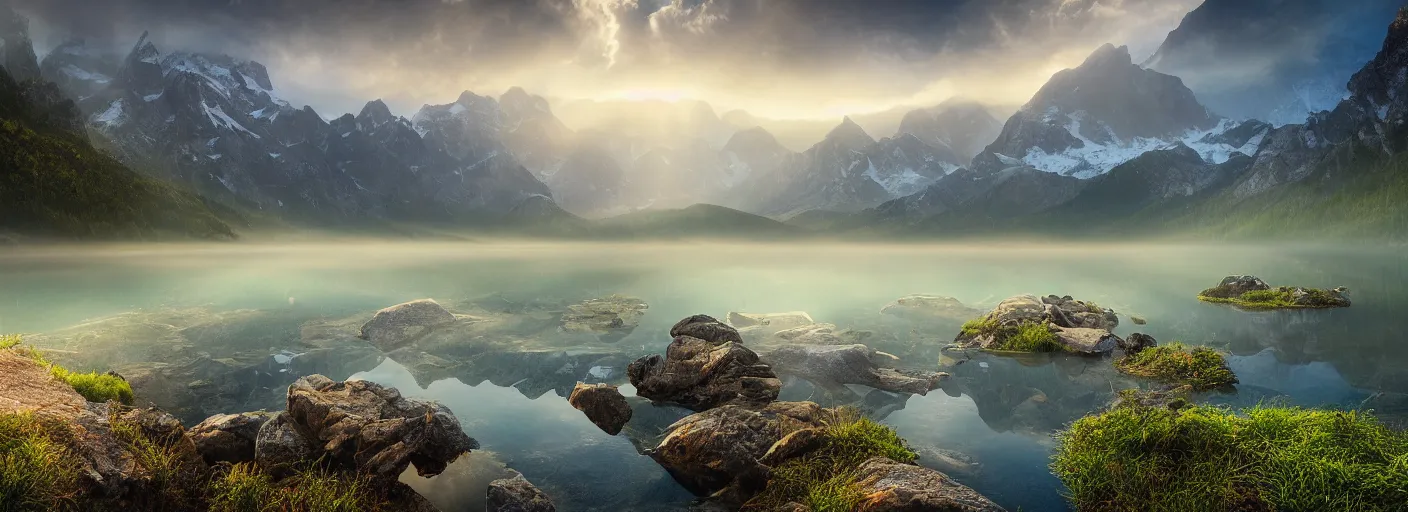 Image similar to photograph of mountains with a lake in front of them, trees on the side, rocks in foreground, mist with rays of light by marc adamus, highly detailed, intricate detail, cinematic lighting