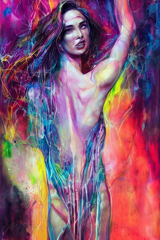 Image similar to gal gadot by agnes cecile enki bilal moebius, intricated details, 3 / 4 back view, full body portrait, extremely luminous bright design, pastel colours, drips, autumn lights