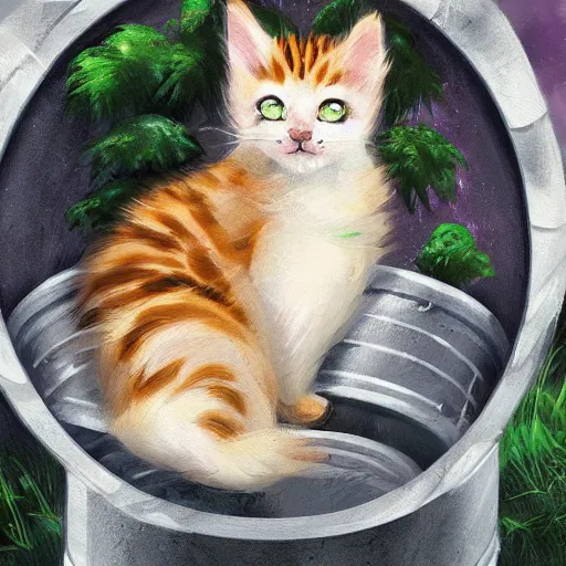 Image similar to cute kitten sleeping in an overgrown oil drum in a forest, digital art, artstation, studio ghibli