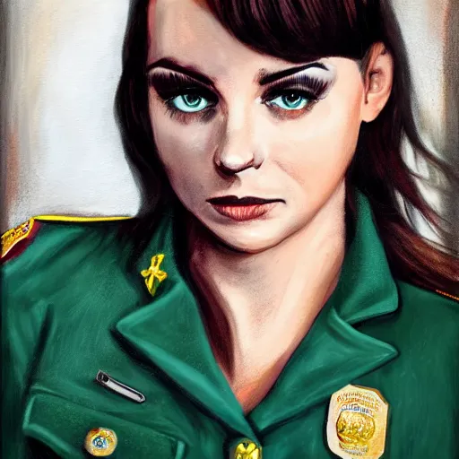 Prompt: portrait of young woman, green eyes, brunette, flipped out hair, officer uniform