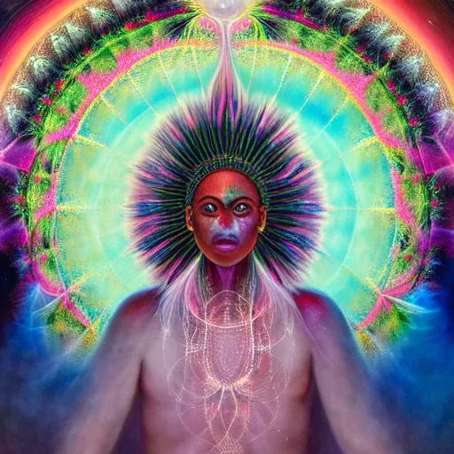 Prompt: obatala the cosmic god sitting in a cabana made of nebula clouds, by Adi granov and afarin sajedi and amanda sage and evgeni gordiets and Agostino Arrivabene in a psychedelic portrait style, ultrarealistic matte painting, volumetric lighting, fractal, extremely symmetrical, highly detailed face, orisha, 8k, hd