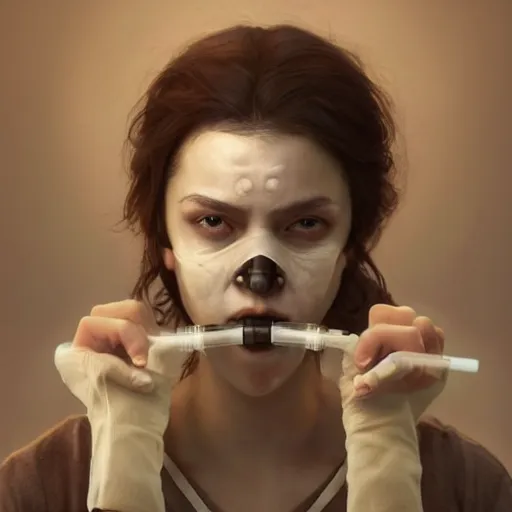 Prompt: epic portrait an female nurse with short sleeves and a mask holding a syringe, sweaty skin, hyperrealistic, expressive, emotional, moody, contre jour, octane render, cinematic, beautiful face and flawless skin, perfect hands, 5 fingers, by Edgar Maxence and Ross Tran and Michael Whelan, Legends of Runeterra