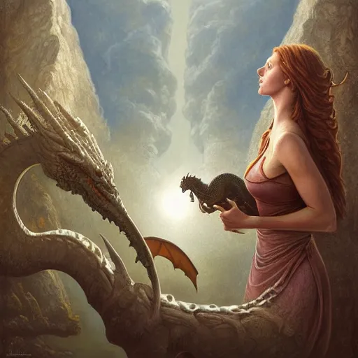 Prompt: a photorealistic painting of a woman and a dragon, a matte painting by christophe vacher, featured on deviantart, fantasy art, matte painting, storybook illustration, 2 d game art. extremely detailed. realism. symmetry. photorealism. coherent