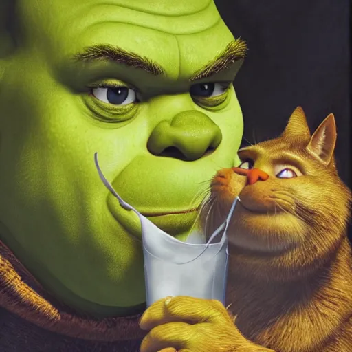 Prompt: a portrait of shrek who is half cat drinking from bowl of milk, hyper realistic, oil painting, da vinci, 8 k, green, whiskers, epic,