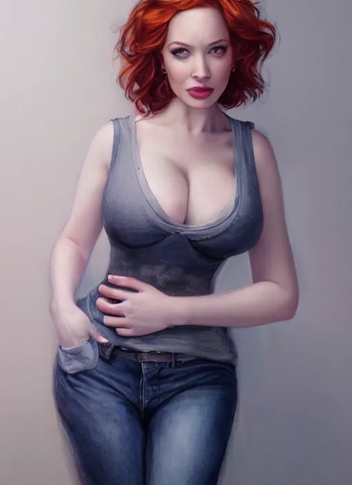 Image similar to full length photo of gorgeous christina hendricks in a tanktop in the style of stefan kostic, realistic, sharp focus, 8k high definition, insanely detailed, intricate, elegant, art by stanley lau and artgerm