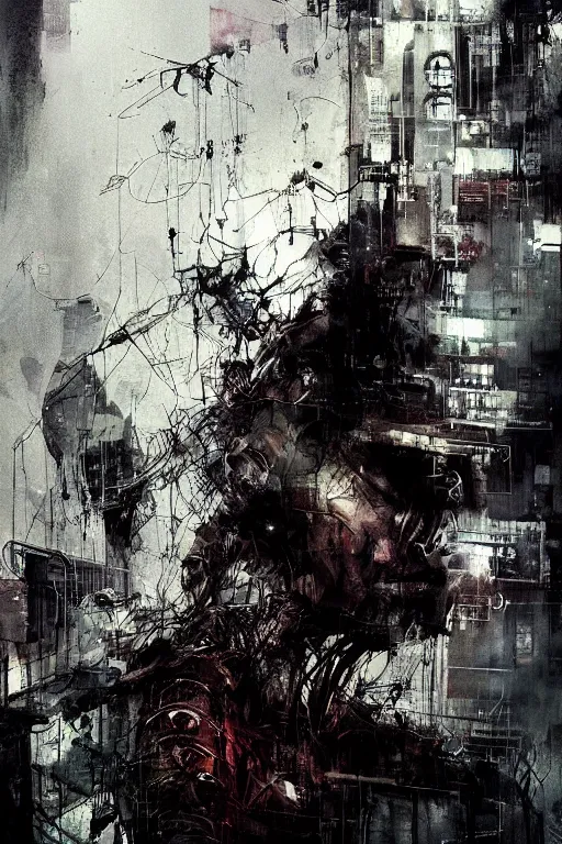 Image similar to screaming cyberpunk, wires, machines by emil melmoth zdzislaw belsinki craig mullins yoji shinkawa realistic render ominous detailed photo atmospheric by jeremy mann francis bacon and agnes cecile ink drips paint smears digital glitches glitchart