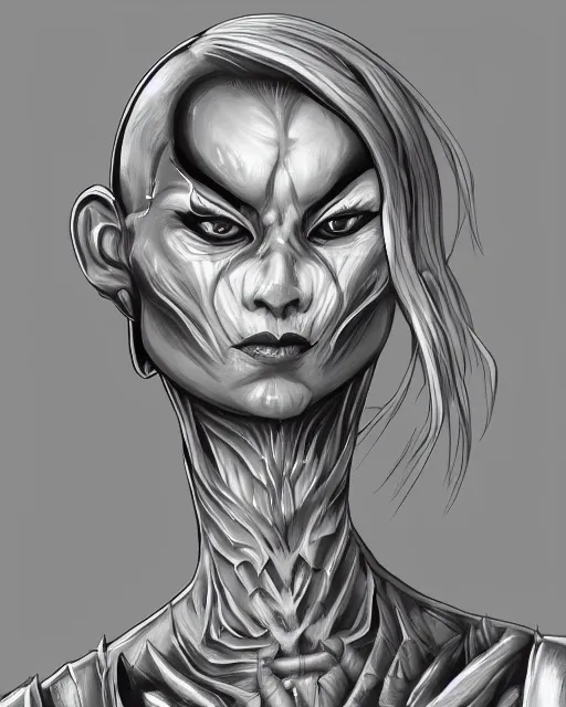 Image similar to a painting head and shoulders portrait of a villainous female Nordic alien of pure evil, made in tones of white and grey, holding a sharp weapon, insanely detailed, loony toons style, digital art, trending on artstation, isometric views, 8k