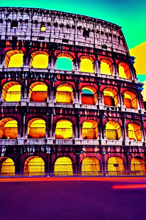 Image similar to neon streets of rome colosseum, 4 k, award winning photo