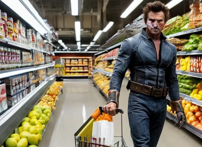 Prompt: film still of Wolverine going grocery shopping in the new X-Men movie, 4k