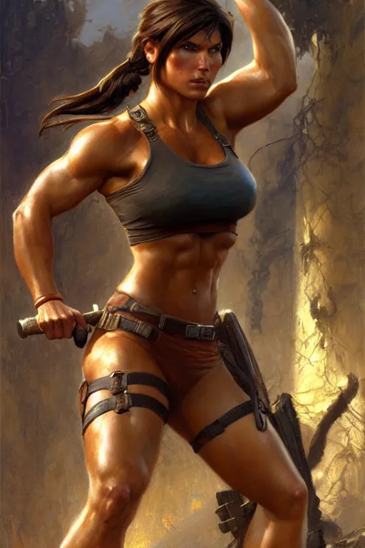 Image similar to muscular sweat lara croft, dora hair highly detailed painting by gaston bussiere, craig mullins, j. c. leyendecker 8 k