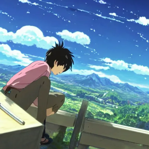 Image similar to Makoto Shinkai drawing himself in the movie Your Name