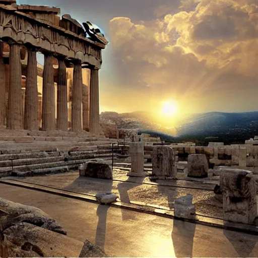 Prompt: an ancient greek beautiful goddes surrounded by white greek temples and epic heavens, parthenon, athens, atmospheric volumetric light, hyper realistic, detailed, high detail, hyper realism