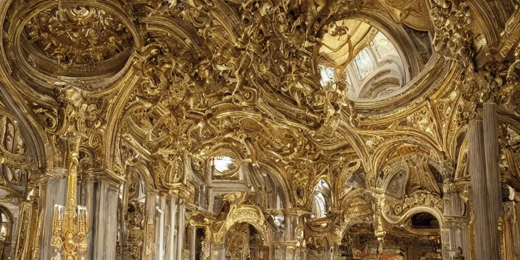 Image similar to beautiful!! ornate heavenly!! marble and gold rococo megastructure in the style of heironymus bosch, asymmetrical extremely intricate masterpiece, hyper detailed, hd