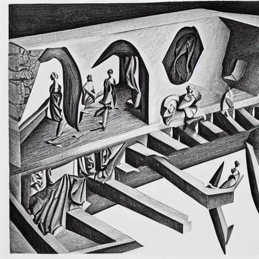 Image similar to M.C. Escher's Relatively drawing done by Salvador Dali