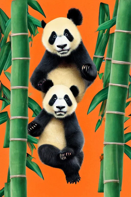 Image similar to Panda on orange chothes, bamboos on background