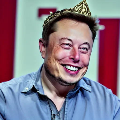 Image similar to elon musk wearing a crown and smiling, hd photo