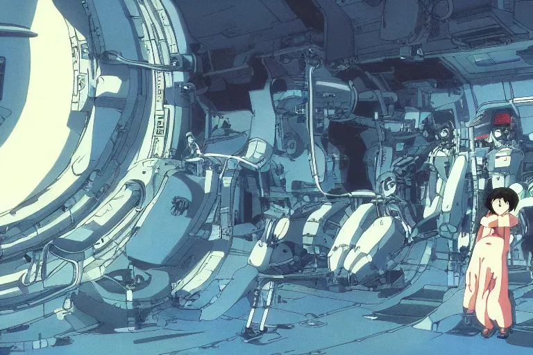 Image similar to still from anime sci-fi movie by Studio Ghibli, illustrations by Hayao Miyazaki, by Masamune Shirow